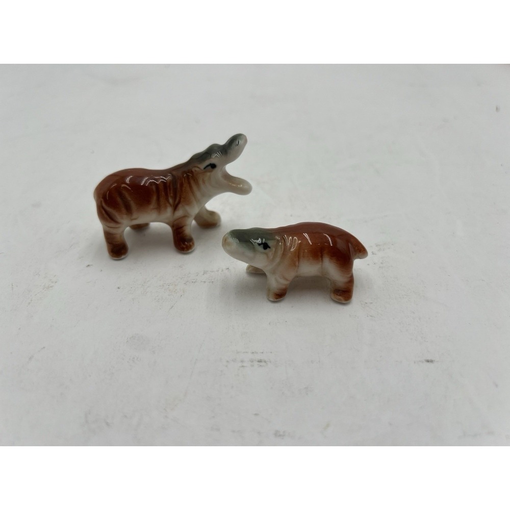 Vintage Miniature Porcelain Hippopotamus Figurines Pair Adult Baby Hippo